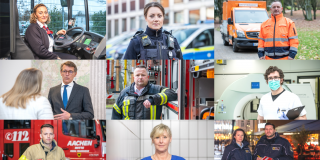 Porträtfotos verschiedener Berufsgruppen des öffentlichen Dienstes wie zum Beispiel Busfahrerin, Polizistin, Feuerwehrmann, Krankenschwester